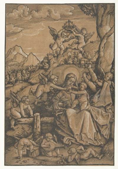 Mary med barn med otte engle i et landskab af Hans Baldung Grien