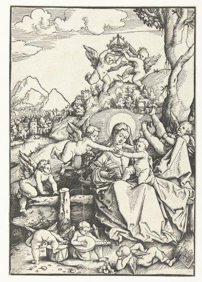 Mary med barn med otte engle i et landskab af Hans Baldung Grien