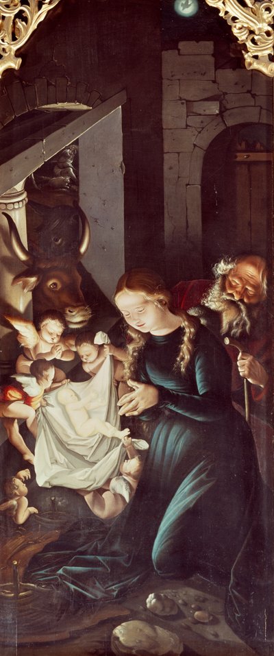 Jesu fødsel, panel med jomfruhistorier, af Hans Baldung (1484 eller 1485-1545), altertavle i Freiburgs domkirke af Hans Baldung Grien