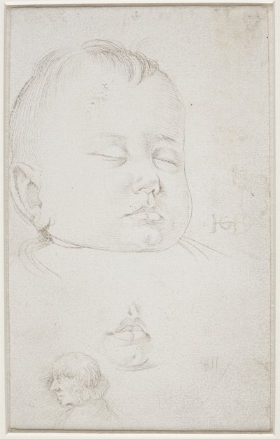 Hovedet af en lille dreng i trekvart profil, drengens halvåbne mund og af Hans Baldung Grien