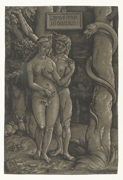 Adam og Evas fristelse i paradis Menneskets Fald Lapsvs Hvmani Generis (titel på objekt) af Hans Baldung Grien