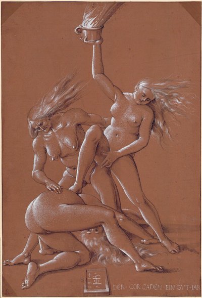 Nytårshilsen med tre hekse - kunstværk af Hans Baldung (1484-1545) blæk og hvidt kridt på papir af Hans Baldung Grien