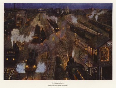 Jernbanestation i en storby (farvelitografi) af Hans Baluschek