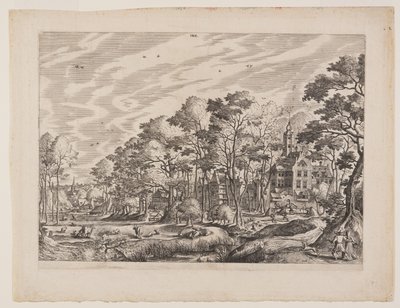 Udsigt over en landsby med et slot til højre, planche 1 fra Landskaber med udsigt over landsbyer af Hans Bol