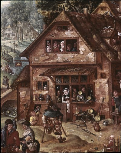 Udsigt over landsbyen med burleske scener. Detalje af værtshuset af Hans Bol