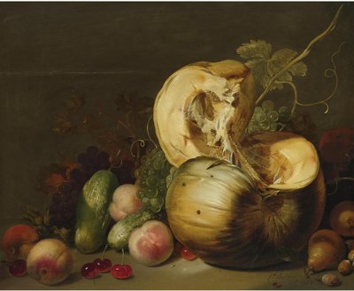 Stilleben med græskar, ferskner, vindruer, kirsebær og anden frugt af Hans Bollongier