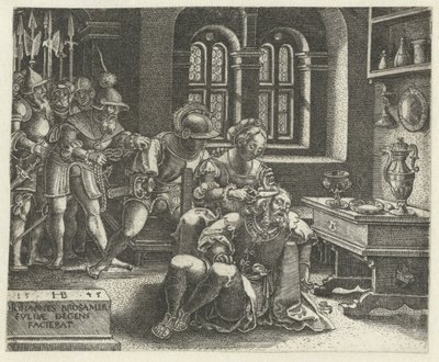 Delila klipper håret af den sovende Samson (Samson), mens filistrene venter af Hans Brosamer