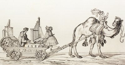 Organisten Paul Hofhaimer spiller i en vogn trukket af en kamel, fra "El Mundo Ilustrado", udgivet i Barcelona i 1880. af Hans Burgkmair