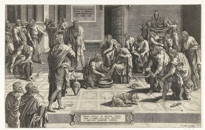 Christ wast de voeten van de discipelen Alles Herre bøjer sig ned på sine knæ for at vaske sine tjeneres fødder, et eksempel på enestående ydmyghed (titel på objekt) af Hans Collaert (I) (attributed to)