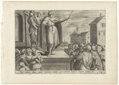 Rechabeam svarede folk Geschiedenis van Jeroboam en Rechabeam (serietitel) Skatkammeret for de hellige historier i Det Gamle Testamente (...) (serietitel) af Hans Collaert (I) (attributed to)