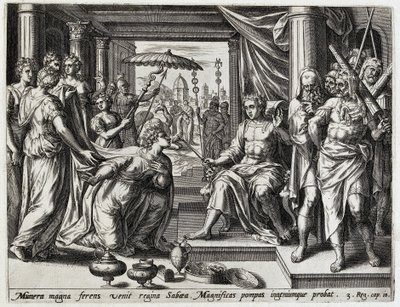 Solomon ontangt de koningin van Seba Geschiedenis van Salomo (serietitel) Kong Salomons historie (...) (serietitel) Skatten af ​​det gamle testamentes hellige historie, udvalgt med de mest fremragende billeder udtrykt i denne kunst af Hans Collaert (I) (attributed to)