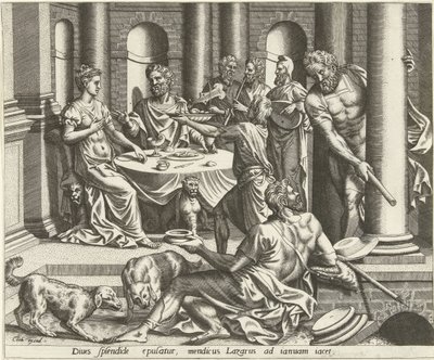 Lazarus tigger om den rige mands hus Historien om Lazarus og den rige mand (serietitel) af Hans Collaert (I) (possibly)