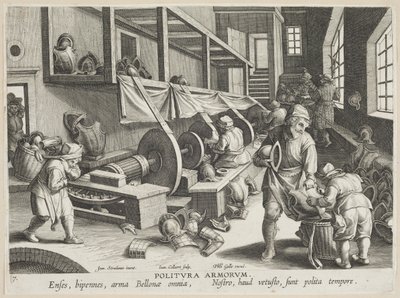 Politura Armorum (Poleringsvåben), plade 17 fra serien Nova Reperta (Modern Discoveries) c.1588 (gravering på lagt papir) af Hans Collaert