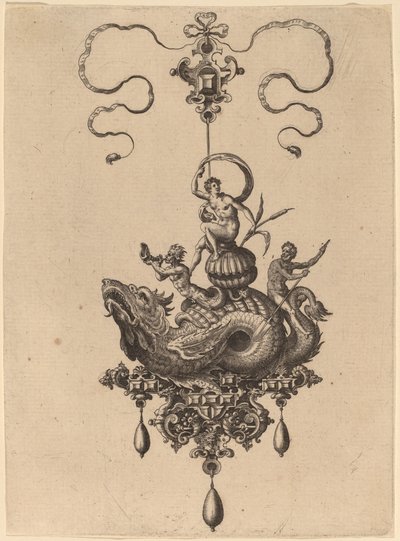 Design til et vedhæng med havmonster, der bærer en kvinde på en skal flankeret af en triton og en mand med en åre af Hans Collaert the Elder