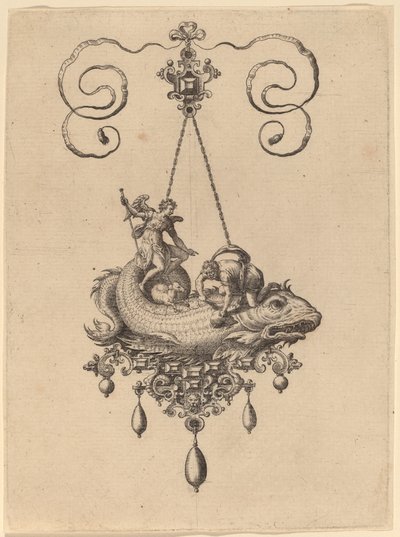 Design til et vedhæng med en fisk, der bærer Tobias og englen af Hans Collaert the Elder