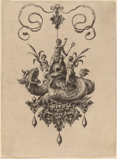 Design til et vedhæng med et havmonster, der bærer Neptun flankeret af to Nereider af Hans Collaert the Elder