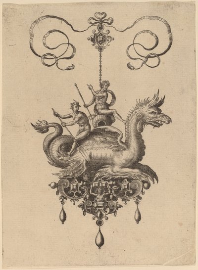 Design til et vedhæng med et havmonster, der bærer Neptun på en urne flankeret af en flodgud med en åre af Hans Collaert the Elder