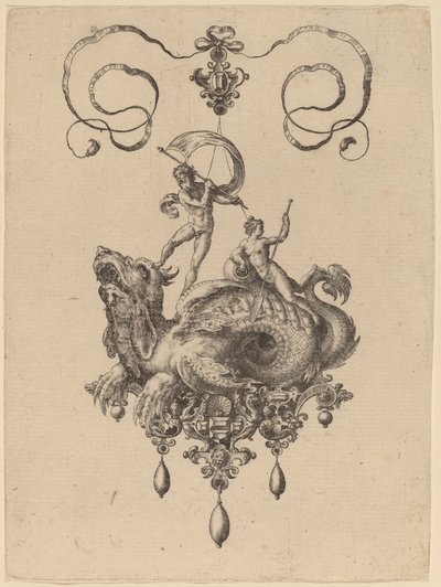 Design til et vedhæng med et havmonster, der bærer Thetis og en mand med et sejl af Hans Collaert the Elder
