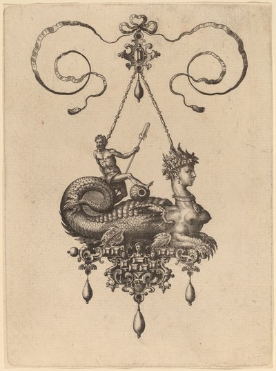 Design til et vedhæng med en sfinx med kroppen af en fisk, der bærer en mand med en åre af Hans Collaert the Elder