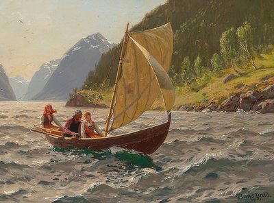 Sejltur i et norsk fjordlandskab af Hans Dahl