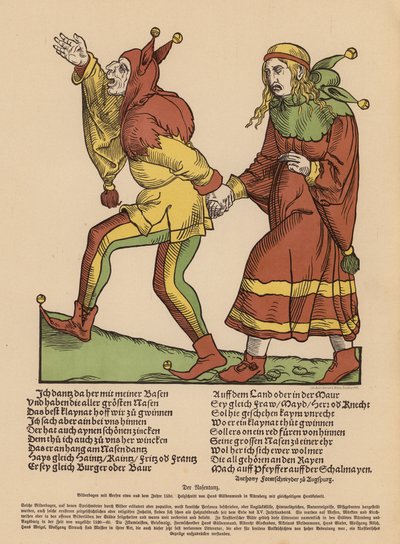 Næsedansen (farvelagt træsnit) af Hans Guldenmundt
