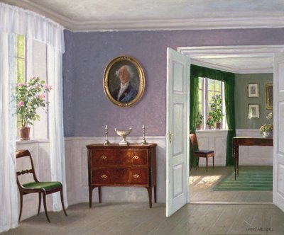 Et solbeskinnet interiør (olie på lærred) af Hans Hilsoe
