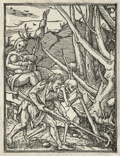 Dødedansen: Udvisning fra paradis, Adam dyrker jorden. af Hans Holbein