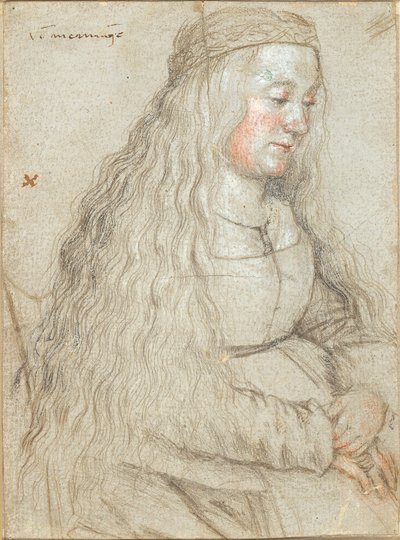 Siddende brud med strømmende hår og pandebånd af Hans Holbein d.Æ.