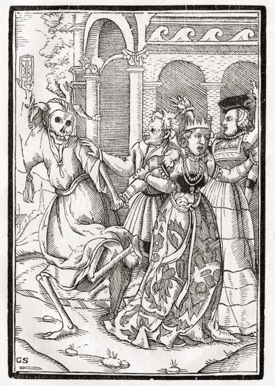 Døden kommer til dronningen, graveret af Georg Scharffenberg, fra "Der Todten Tanz", udgivet i Basel, 1843 af Hans Holbein der Jüngere