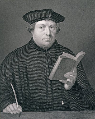 Martin Luther (1483-1546), graveret af W. Holl, fra "World Religion", udgivet af A. Fullarton und Co. af Hans Holbein der Jüngere