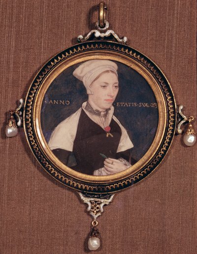 Miniatureportræt af Jane Small, tidligere kendt som Mrs. Robert Pemberton, ca. 1540 (wc på pergament monteret på spillekort) af Hans Holbein der Jüngere