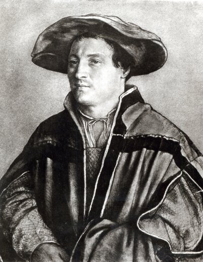 Portræt af en mand med rød hat, ca. 1530 (kridt og wc på papir) af Hans Holbein der Jüngere