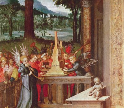 Jomfru, barn og hellige detalje af engle, der spiller orgel, 1519 olie på eg af Hans Holbein the Elder