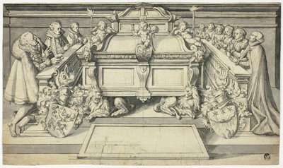 Design til gravskrift: Familiemedlemmer knæler foran graven af Hans Holbein the Younger