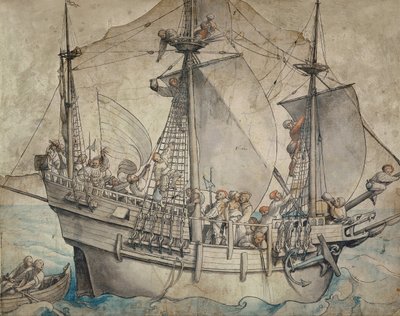 Skib med Reveling Sømænd, Lansquenets og en Sutleresse af Hans Holbein der Jüngere