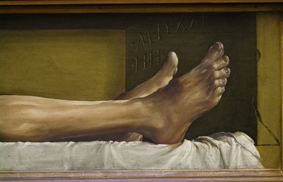 The Body of the Dead Christ, detalje af fødderne og signatur og dato for værket, 1521 tempera på limewood af Hans Holbein der Jüngere