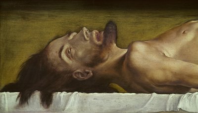 The Body of the Dead Christ, detalje af hovedet, 1521 tempera på limewood af Hans Holbein der Jüngere