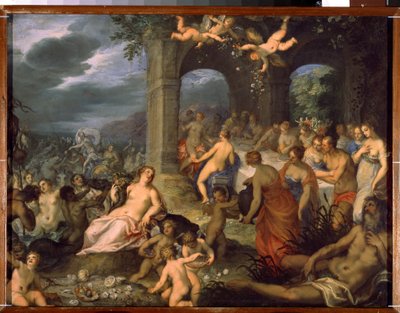 Gudernes fest, ægteskabet mellem Peleus og Thetis. Til venstre, Merin guddommeligheder (salamander og naider). I midten, jordgudinden Tellus Mater (eller Terra Mater eller Gaia) med et abonhorn af Hans I or Johann Rottenhammer