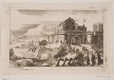 Landskab med Jesus og to apostle foran en byport af Hans Jørgen Kirksteen