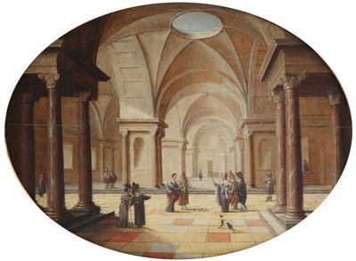 Et klassisk palads interiør med Moses, der forvandler Faraos scepter til en slange (olie på panel) af Hans Juriaensz. van Baden