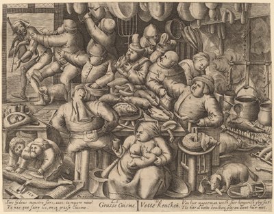 Det fede køkken af Hans Liefrinck I, after Pieter van der Heyden, after Pieter Bruegel the Elder