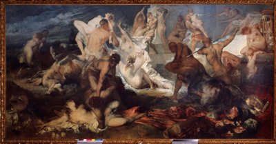 Slaget ved Kentaurer og Lapiths eller Laphites (Slaget om Kentaurer og Lapiths). I græsk mytologi massakrerede Lapitherne kentaurerne. Maleri af Hans Makart (1840-1884). Olie på lærred. Østrigsk kunst, art nouveau-periode. Statsmuseet for F af Hans Makart