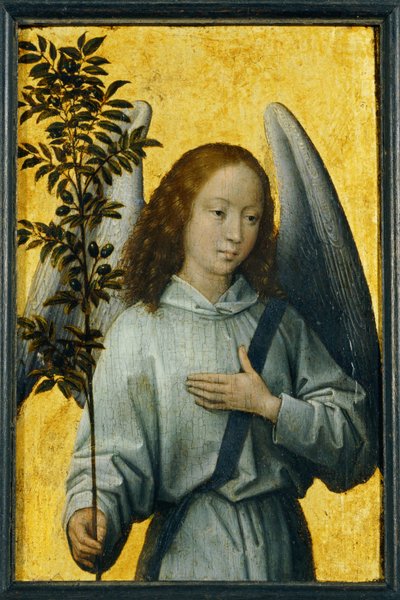 Engel med olivengren, symbol på guddommelig fred ... af Hans Memling