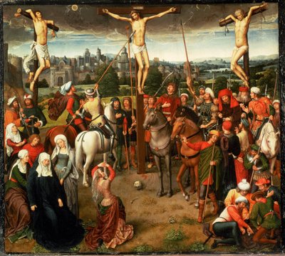 Korsfæstelse. Midterstykke i et triptykon. Olietempera på egetræ (tempera på egetræ) af Hans Memling