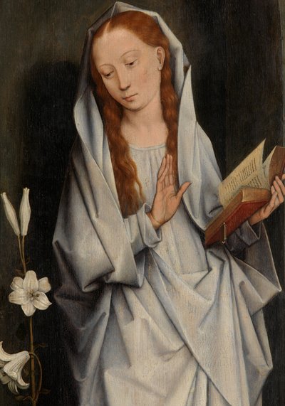 Detalje af Jomfruen, fra bagsiden af et par vinger, der viser bebudelsen (olie på panel) af Hans Memling