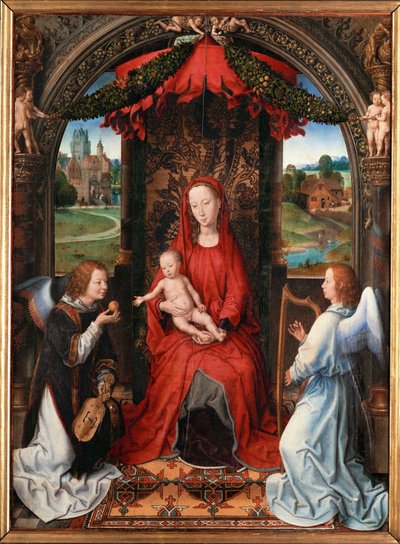 Madonna og barn, engel med violin i hånden (gisper) af Hans Memling