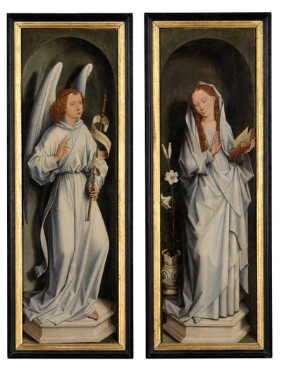 Bagsiden af et par vinger, der viser bebudelsen (olie på panel) af Hans Memling