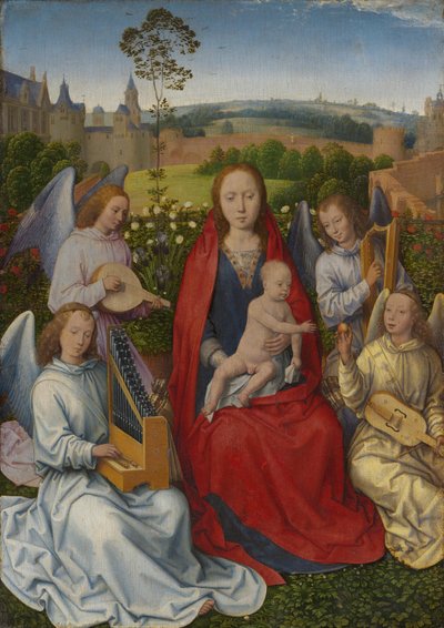 Den ene fløj af et diptykon: Maria i rosenhaven af Hans Memling