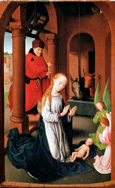 Fødselen. Venstre panel af tilbedelsens Triptykon (Detrempe på træ, ca. 1470) af Hans Memling