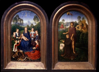Jomfruen og barnet omgivet af Saintes, donoren og Sankt Johannes Døberen Diptykon - Maleri af Hans Memling (1435-1494) (ec flam) 1400-tallets Paris, Louvre-museet af Hans Memling